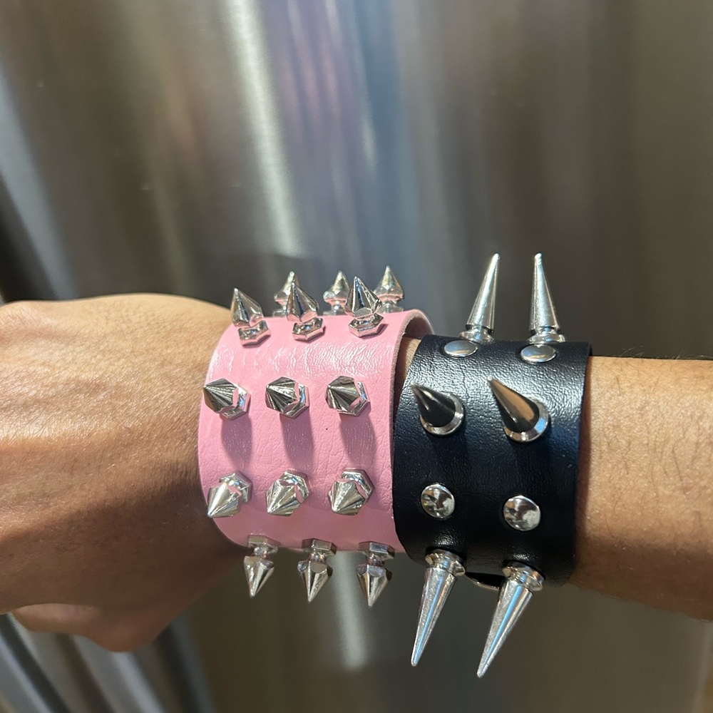 2 PCs faux leather Gothic spike Punk Bracelets Black and pink